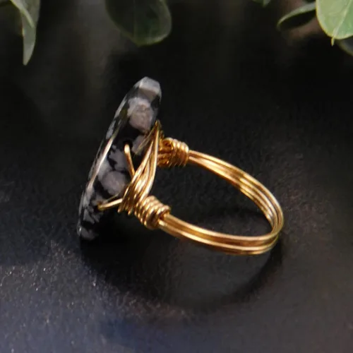 Miniatura 4 de Black Snowflake Obsidian Rectangle Gemstone Bead in Sterling Silver or 14kt Yellow or Rose Gold Filled Wire Band- Handmade Wire Wrapped Ring- Made