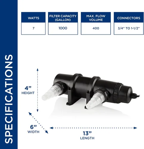 Miniatura 3 de Alpine Corporation PLUV1000 - Clarificador UV de 4 pulgadas de alto y 7 vatios diseñado para uso fuera del agua
