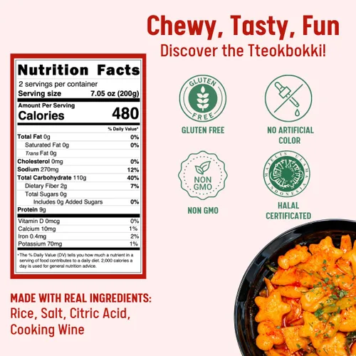 Miniatura 2 de Pastel de arroz coreano, Tteokbokki, divertido formato y masticable, 1 paquete (2 paquetes individuales) Vegano, sin OMG, sin gluten, fácil