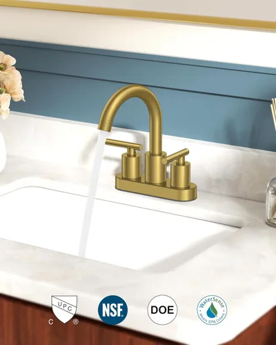 Miniatura 5 de FORIOUS Juego central de grifo de baño dorado cepillado de 4 pulgadas, 2 manijas y 2 agujeros dorados para tocador de baño con metal emergente