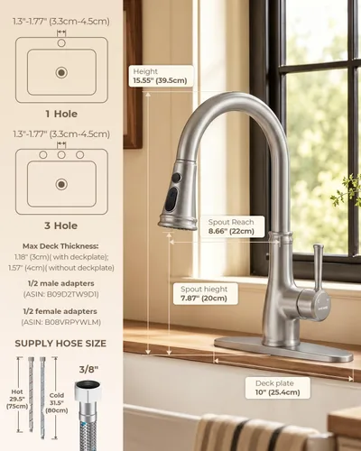 Miniatura 4 de Grifo de cocina con aerosol -WEWE de un solo agujero para fregadero de cocina con placa de cubierta, Plateado, A100806BN Níquel cepillado