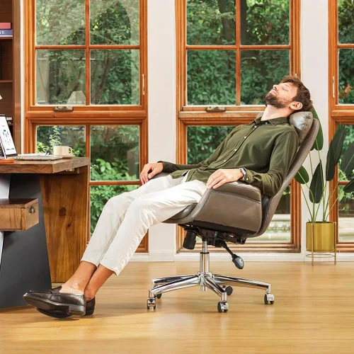 Miniatura 5 de Glitzhome Mid-Century - Silla de oficina giratoria ajustable de piel sintética con respaldo alto, silla de trabajo ajustable con soporte lumbar