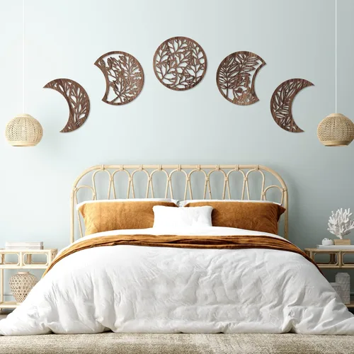 Miniatura 7 de Jetec 5 piezas de arte de pared de fase lunar para colgar en la pared, frontones de madera, fase lunar espiritual, dormitorio, nórdico, bohemio