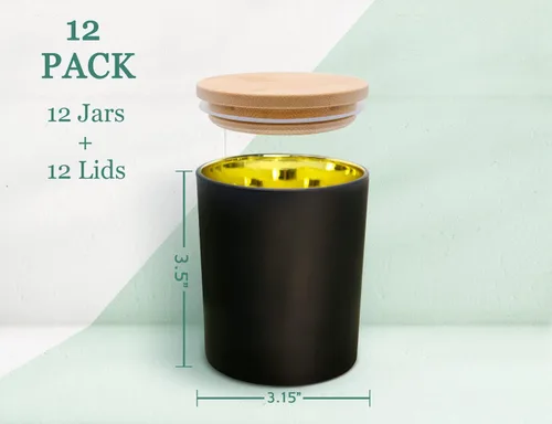 Miniatura 2 de Aroparc Tarros de vela con tapas de 10 onzas, elegantes frascos dorados para velas interiores para hacer velas, 12 piezas con tapas de bambú, negro