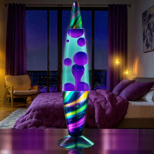 Miniatura 2 de JAMBO Hermosa lámpara de 16 pulgadas, verde azulado con cera morada, crepúsculo neón, luz líquida relajante, luz nocturna, decoración del hogar