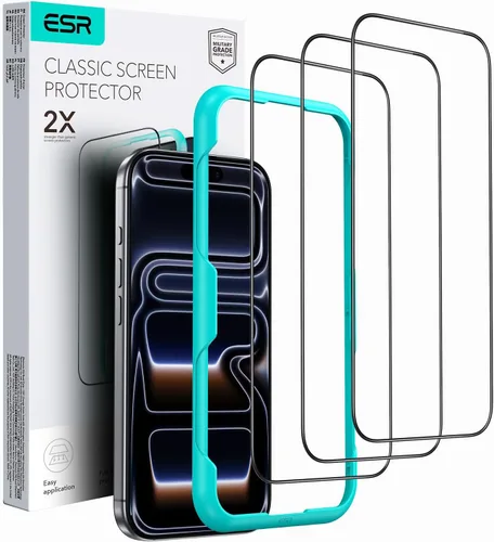 ESR Paquete de 3 protectores de pantalla para iPhone 14 Pro, [dureza 9H] [grado militar inastillable], película de vidrio templado con herramienta