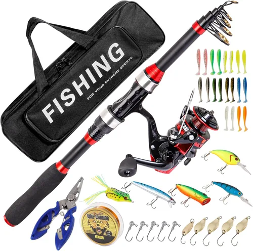 I00000 Combos de caña de pescar y carrete con caña de pescar telescópica de fibra de vidrio, bolsa de transporte de pesca de carrete giratorio, kit