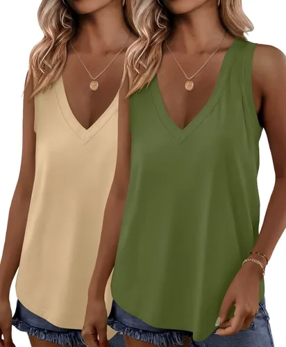 Miniatura 10 de KKJ Paquete de 2 camisetas sin mangas para mujer, cuello en V, camisetas de verano sin mangas, ajuste holgado, casual, trajes de vacaciones, camisas