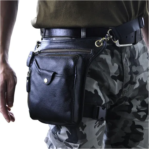 Miniatura 2 de Le'aokuu - Bolso de pierna para moto, de cuero genuino, para hombre, bolso tipo mensajero a la cintura), 211-5