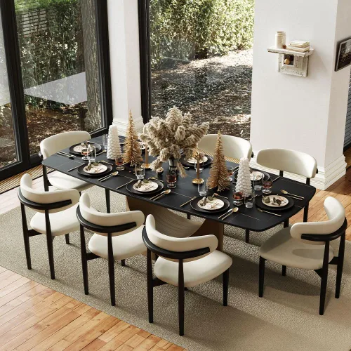 Miniatura 20 de POVISON Juego de mesa de comedor para 4, mesa rectangular negra de piedra sinterizada mate de 63 pulgadas con base de acero al carbono bronce, silla