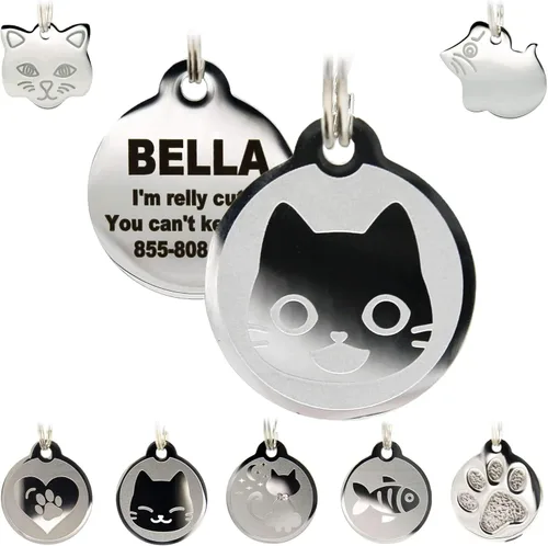 Etiquetas de identificación de gato de acero inoxidable – Etiquetas de gato personalizadas grabadas que incluyen hasta 4 líneas de texto con forma