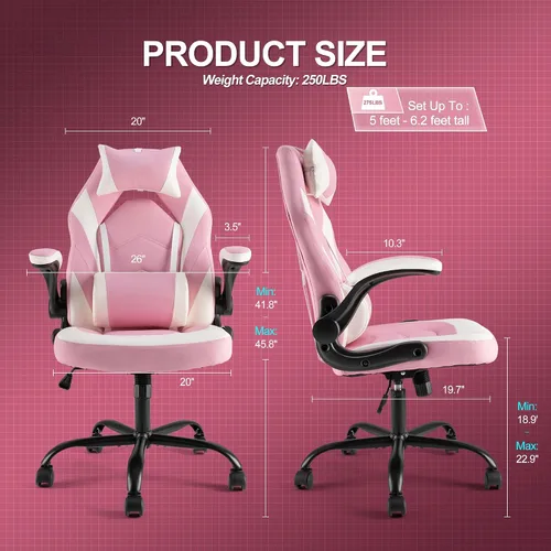 Miniatura 3 de Silla ergonómica de escritorio para juegos de computadora, piel sintética con soporte lumbar ajustable y reposacabezas, reposabrazos abatibles