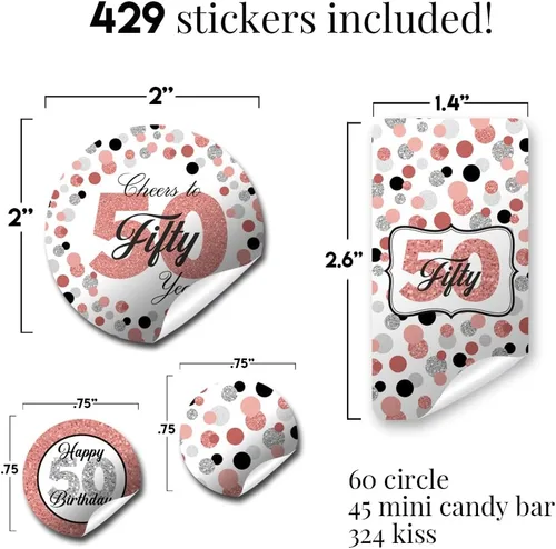 Miniatura 2 de Kit de calcomanías de confeti de oro rosa con lunares para cumpleaños número 50, 429 piezas. Incluye 60 calcomanías circulares de 2 pulgadas
