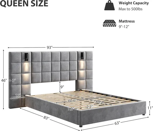 Miniatura 2 de Base de cama tamaño King con cabecero de 46 pulgadas de alto, plataforma tapizada de terciopelo, cabecera de tela suave copetuda, lámparas