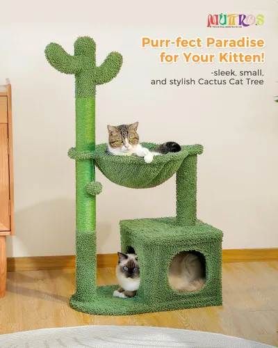 Miniatura 2 de MUTTROS Árbol de gato Cactus de 40" con torre para gatos, hamaca de alfombra grande de metal, poste para arañar para gatos de interior con Verde