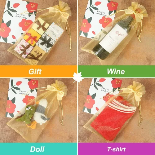 Miniatura 3 de Paquete de regalo para fiesta de celebración, bolsas de vino de organza doradas, 20 bolsas con cordón para botellas con lazo, bolsas de regalo