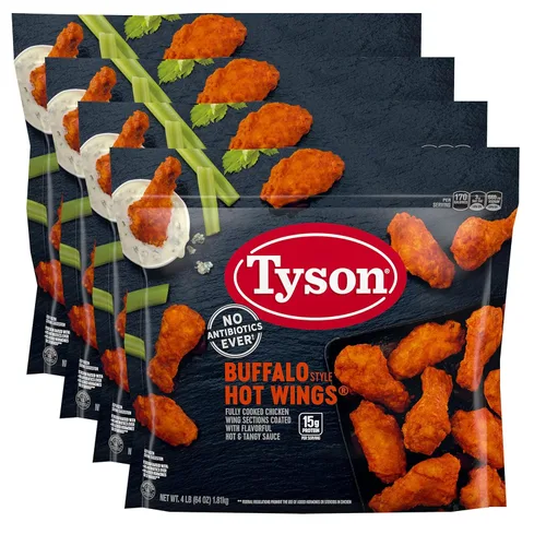 Miniatura 8 de Tyson Alitas de pollo con hueso estilo búfalo totalmente cocidas, con sabrosa salsa picante y picante, 0.55 onzas de proteína por porción, paquete