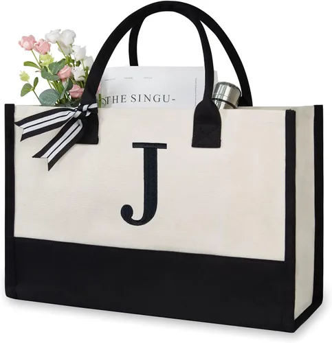 Miniatura 395 de TOPDesign - Bolso de playa de lona con inicial personalizada, bolsa de regalo con monograma, para mujer