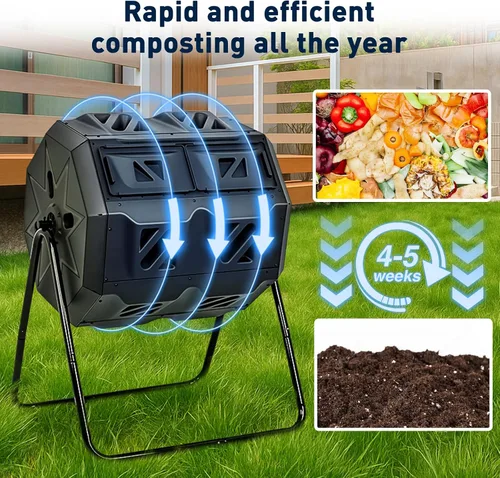 Miniatura 3 de Yesker Contenedor de compostaje de doble cámara para exteriores, compostador giratorio de 43 galones con puertas correderas, montaje rápido