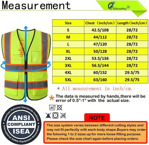 Miniatura 2 de Chaleco de seguridad de malla reflectante para hombres y mujeres, con 5 bolsillos y cremallera frontal, chaleco de malla de alta visibilidad Hi Vis