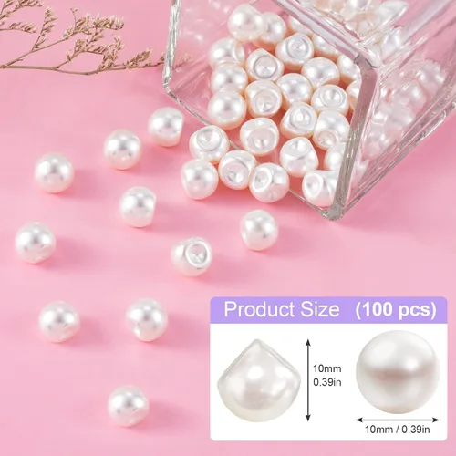 Miniatura 3 de HINZIC 100 botones redondos de perlas de 0.394 pulgadas a granel con agujero, accesorios de decoración de cuentas de perlas de plástico blanco