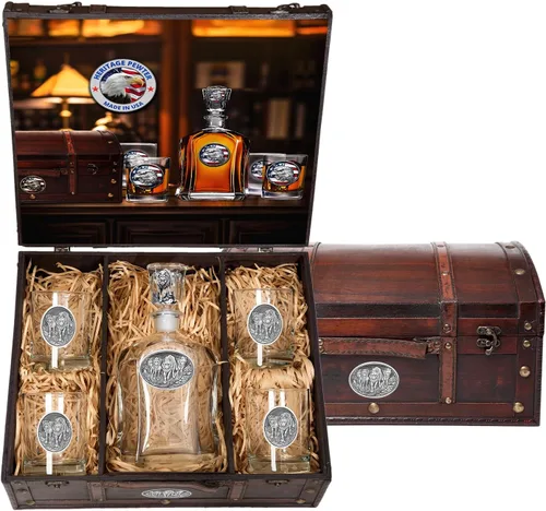 Miniatura 30 de Heritage Pewter Alabama Capitol - Juego de baúl Recipiente de líquido de 24 onzas con 4 vasos de agua Vidrio de peltre elaborado por expertos