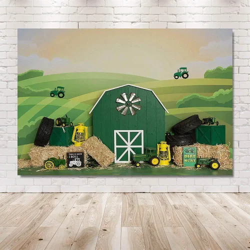 Miniatura 4 de MEHOFOND Telón de fondo de fiesta de cumpleaños de tractor para niño y niña, feliz primer cumpleaños, retrato de granja verde, fotografía de fondo