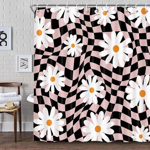 Cortina de ducha retro de los años 70, cortinas de ducha artísticas abstractas a cuadros coloridos para baño, cortina de baño vintage con margaritas