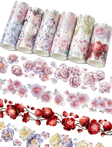 Juego de cintas washi florales – 12 cintas de PET y Washi para calcomanías de diario, suministros de álbumes de recortes, planificador, diarios de