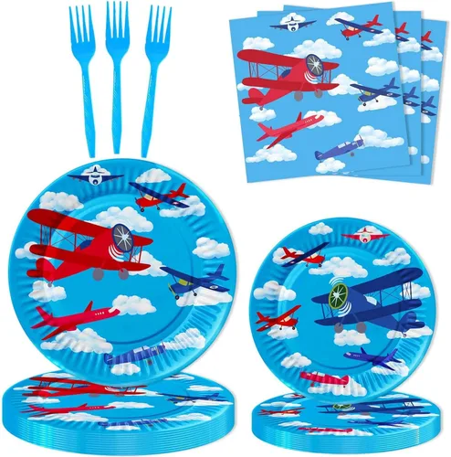 Miniatura 5 de Vajilla para fiesta de cumpleaños de avión, platos de papel desechables para aviación, para niños, cumpleaños, baby shower, suministros de fiesta