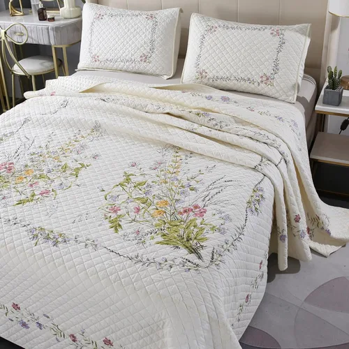 Miniatura 55 de Juego de edredón azul floral con patrón de bordado 3D de 2 piezas, 100% algodón, reversible, acolchado bordado decorativo, cubrecamas, juego