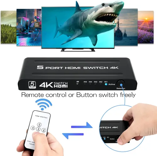 Miniatura 4 de Conmutador HDMI 4K 5 en 1 salida, caja selectora de conmutadores HDMI de 5 puertos con control remoto IR e interruptor automático, compatible