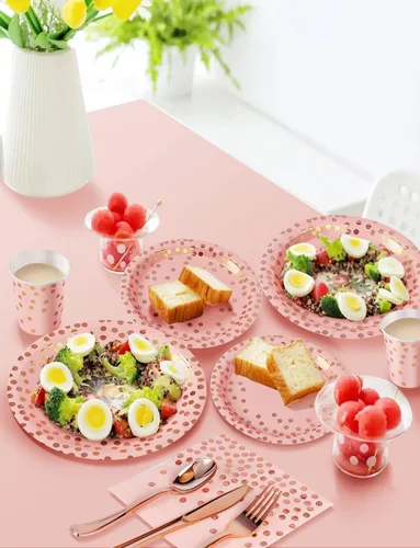 Miniatura 4 de Nkaiso 141 piezas de suministros de fiesta de oro rosa y rosa, juegos de decoraciones desechables para fiestas incluyen platos de papel, Rosa y oro