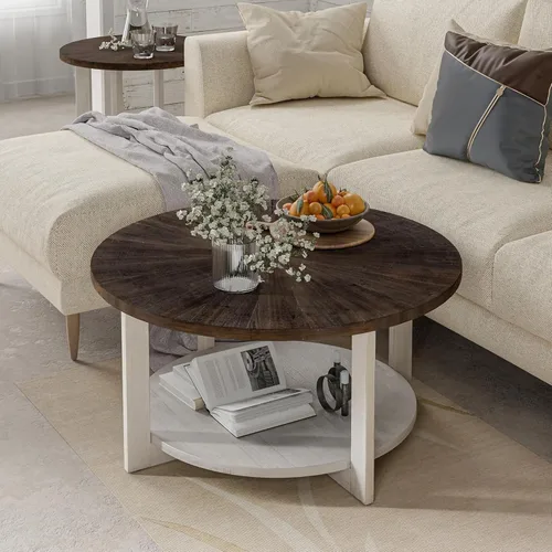 Miniatura 6 de Mesas de centro redondas de madera con almacenamiento, mesa de centro rústica con parte superior de madera envejecida, mesa circular grande