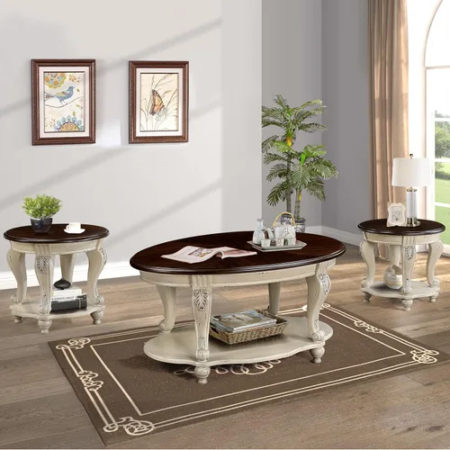 Miniatura 16 de Mesa de café ovalada de madera para sala de estar, mesa de café de dos niveles de madera maciza con estante de almacenamiento abierto, mesa