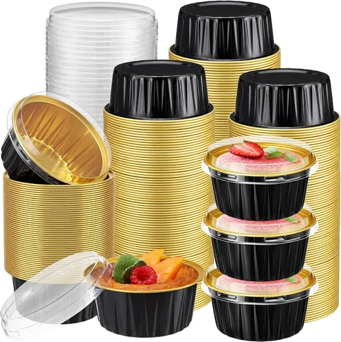 Miniatura 26 de Gejoy 400 Piezas Moldes de Papel de Aluminio para Hornear con Tapas 5 oz Moldes Desechables Ramekins Mini Moldes para Pasteles Crème Brûlée Moldes