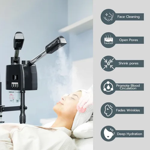 Miniatura 3 de Paddie Vaporizador facial profesional 3 en 1 sobre ruedas para esteticista, niebla fría y caliente, lámpara de aumento LED 5X, color negro