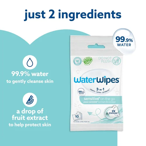 Miniatura 3 de WaterWipes Sensitive+ On The Go Wipes, 3 en 1 limpia, cuida, protege, 99.9% de agua, toallitas húmedas hipoalergénicas y sin perfume, 28