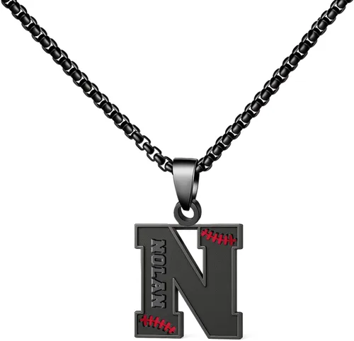 Miniatura 79 de Ldurian Collar personalizado con nombre de béisbol, cadena negra de acero inoxidable, collar con nombre deportivo, letra A-Z de 24 pulgadas, regalos