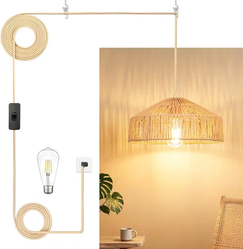 Miniatura 8 de Lámpara Colgante Enchufable de Ratán, Luces Colgantes Boho con Sombra Tejida de Papel y Tela 2 en 1, Bombilla Regulable de 3 Vías Incluida, Lámpara