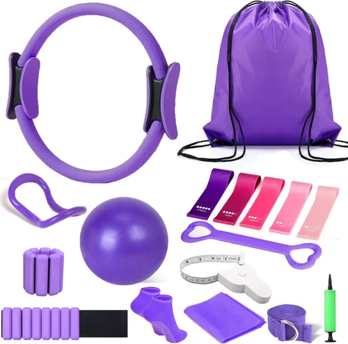 Juego de anillos de pilates de 15 piezas con pesas ajustables para muñeca, pelota de yoga, banda de resistencia figura 8, cinta métrica, bandas de