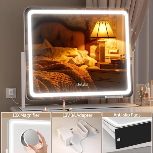 Miniatura 6 de Hasipu Espejo de tocador con luces y altavoz Bluetooth, espejo LED de maquillaje de 23.6 x 19.7 pulgadas, espejo iluminado con aumento de 10X