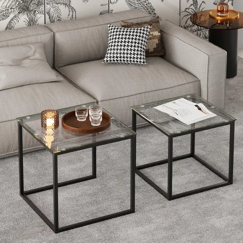 Miniatura 6 de Garden 4 you Juego de 2 mesas auxiliares modernas, mesa anidable de cristal, juego de mesa central cuadrada con marco de metal, mesas auxiliares