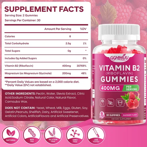 Miniatura 2 de Gomitas de vitamina B2 con riboflavina de 400 mg con magnesio para niños y adultos, gomitas B2 para apoyo del sistema nervioso y salud de la piel