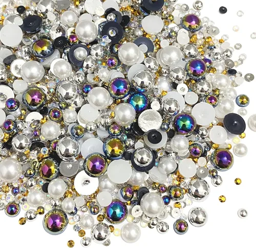 Miniatura 9 de Diamantes de imitación de resina mixta de 3.53 oz con parte trasera plana, perlas semicirculares, tamaños mixtos de 0.116 a 0.394 pulgadas