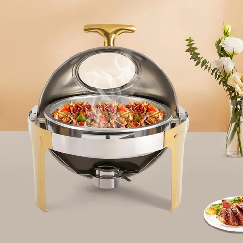 Miniatura 3 de Juego de bufé de platos de rozamiento enrollable de acero inoxidable de 6.3 cuartos de galón, con bandeja para alimentos y bandeja de agua