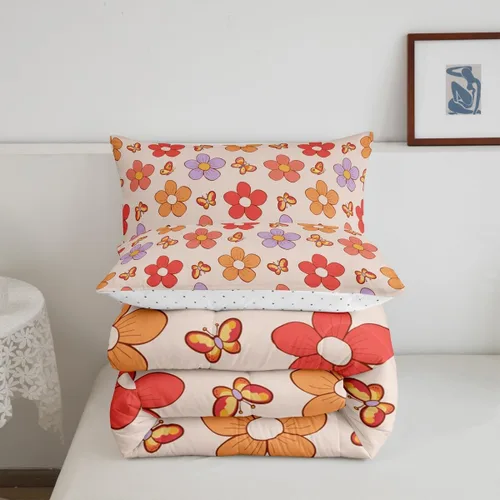 Miniatura 7 de Groovy - Juego de ropa de cama de flores tamaño individual, color morado y rosa, para niñas, bonito edredón de mariposa, color naranja y rojo