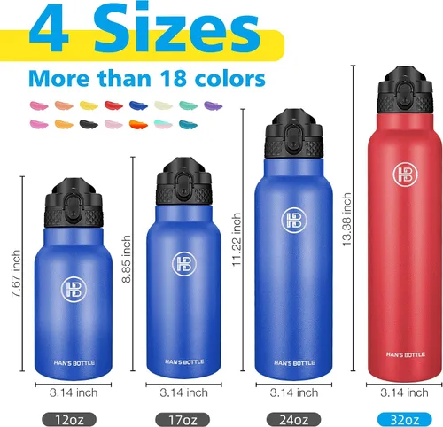 Miniatura 2 de Han's Bottle Botella deportiva de agua de 32 oz, tapa con popote, a prueba de fugas, de acero inoxidable con aislamiento al vacío, de doble pared