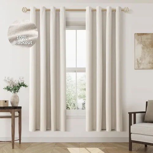 Miniatura 55 de Cream Linen Blackout Curtains 90 Length 2 Panels Set for Living Room Bedroom, 100% Black Out Thermal Insulated Linen Drapes, Room Darkening Grommet
