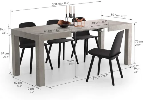 Miniatura 2 de Mobili Fiver, Primera mesa extensible, 47.2(78.7) x 31.5 pulgadas, efecto hormigón, gris, fabricada en Italia Efecto gris concreto